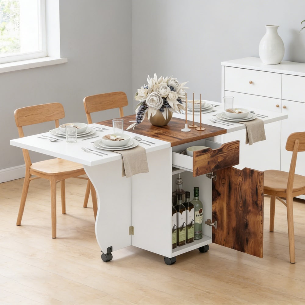 Folding Dining Table 3-in-1 Space-Saving Drop Leaf Kitchen Table With Lockable Wheels For The Kitchen, Dining Area, Workshop And Home Office_voghion.com